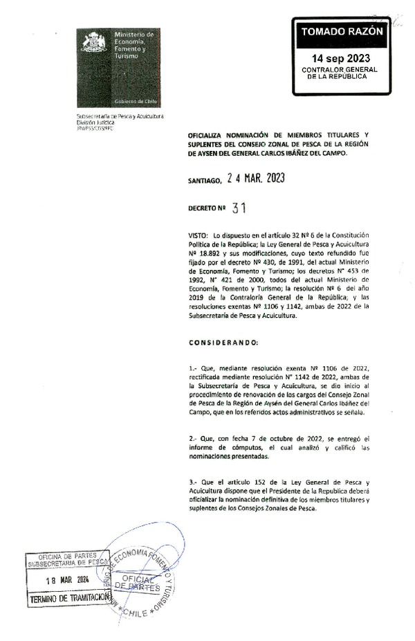D.S. N° 31-2023 Oficializa Nominación de Miembros Titulares y Suplentes del Consejo Zonal de Pesca de la Región de Aysén del General Carlos Ibáñez del Campo. (Publicado en Página Web 18-03-2024)
