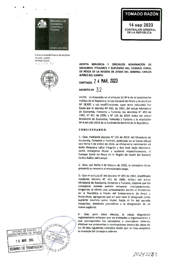 D.S. N° 32-2023 Acepta Renuncia y Oficializa Nominación de Miembros Titulares y Suplentes del Consejo Zonal de Pesca de la Región de Aysén del General Carlos Ibáñez del Campo. (Publicado en Página Web 18-03-2024)