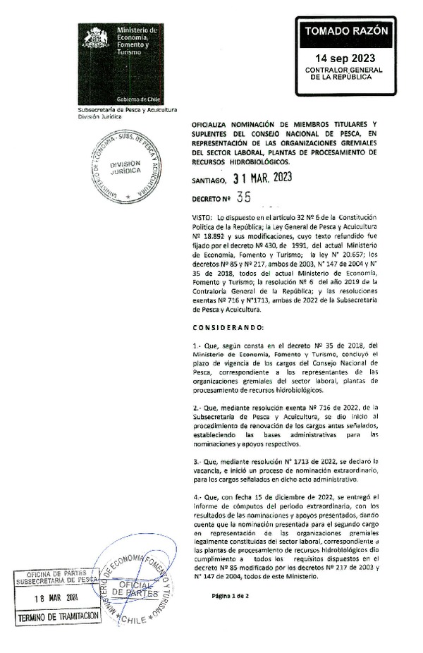 D.S. N° 35-2023 Oficializa Nominación de Miembros Titulares y Suplentes del Consejo Zonal de Pesca en Representación de las Organizaciones Gremiales del Sector Laboral, Plantas de Procesamiento de Recursos Hidrobiológicos. (Publicado en Página Web 18-03-2024)