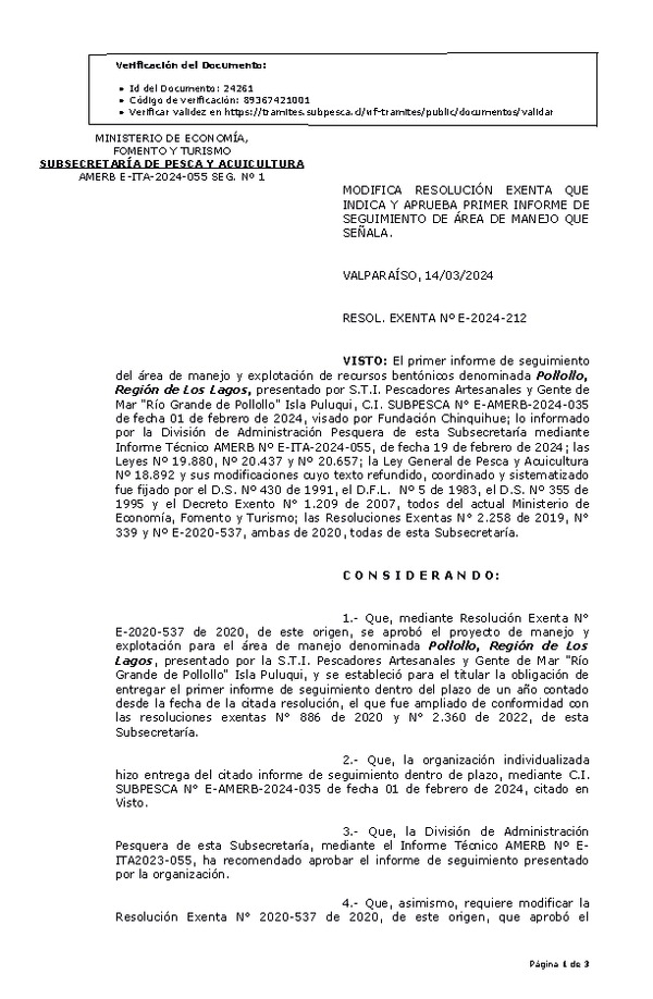 RESOL. EXENTA Nº E-2024-212 Modifica resolución que indica, Aprueba 1° seguimiento. (Publicado en Página Web 18-03-2024)