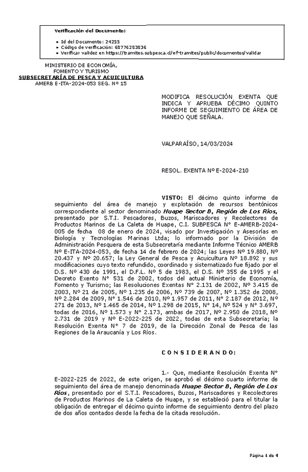 RESOL. EXENTA Nº E-2024-210 Modifica resolución que indica, Aprueba 15° seguimiento. (Publicado en Página Web 18-03-2024)