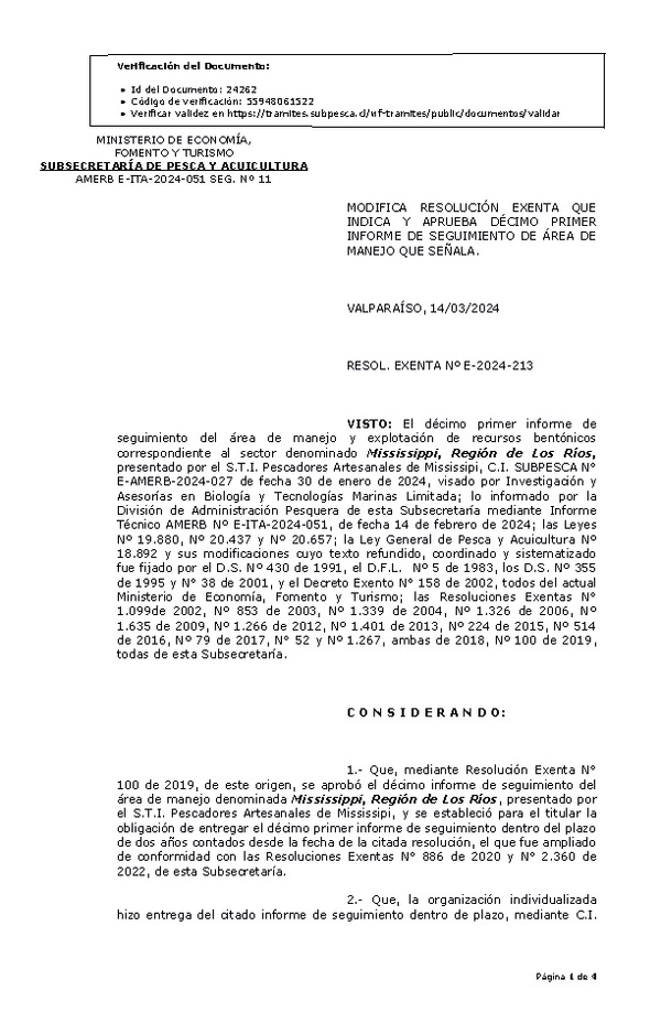 RESOL. EXENTA Nº E-2024-213 Modifica resolución que indica, Aprueba 11° seguimiento. (Publicado en Página Web 18-03-2024)