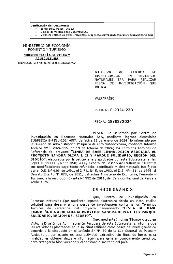 R. EX. Nº E-2024-220 AUTORIZA AL CENTRO DE INVESTIGACIÓN EN RECURSOS NATURALES SPA PARA REALIZAR PESCA DE INVESTIGACIÓN QUE INDICA. (Publicado en Página Web 19-03-2024).