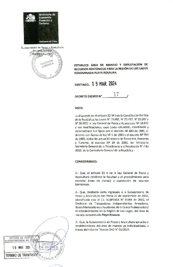 Dec. Ex. N° 17-2024 Establece Área de Manejo y Explotación de Recursos Bentónicos para la Región de Los Lagos Denominada Playa Rosaura. (Publicado en Página Web 20-03-2024)