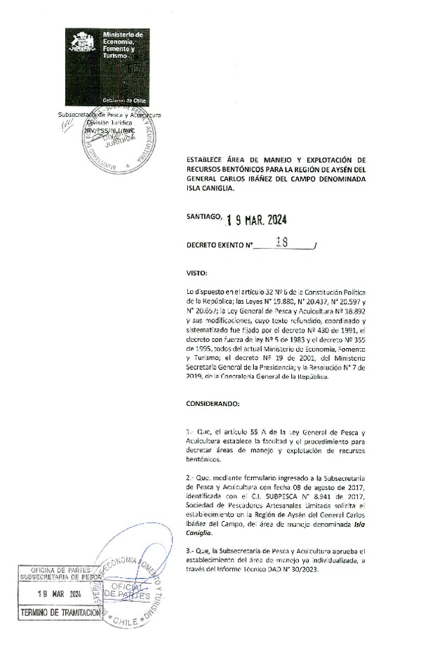 Dec. Ex. N° 18-2024 Establece Área de Manejo y Explotación de Recursos Bentónicos para la Región de Aysén del General Carlos Ibáñez del Campo Denominada Isla Caniglia. (Publicado en Página Web 20-03-2024)