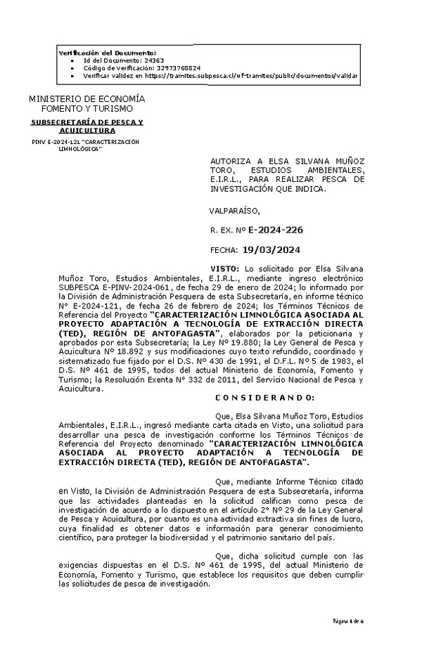 R. EX. Nº E-2024-226 AUTORIZA A ELSA SILVANA MUÑOZ TORO, ESTUDIOS AMBIENTALES, E.I.R.L., PARA REALIZAR PESCA DE INVESTIGACIÓN QUE INDICA. (Publicado en Página Web 21-03-2024).