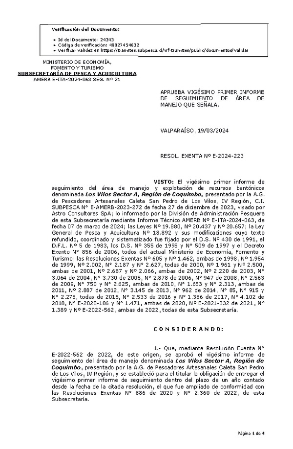 RESOL. EXENTA Nº E-2024-223 Aprueba 21° seguimiento. (Publicado en Página Web 21-03-2024)