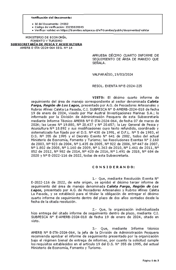 RESOL. EXENTA Nº E-2024-225 Aprueba 14° seguimiento. (Publicado en Página Web 21-03-2024)