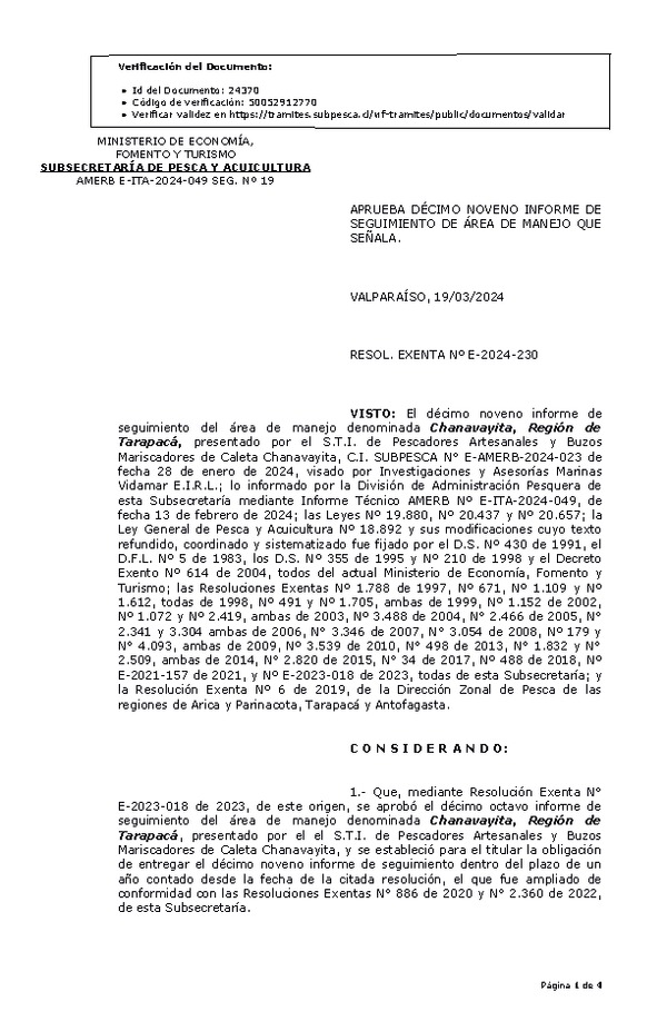 RESOL. EXENTA Nº E-2024-230 Aprueba 19° seguimiento. (Publicado en Página Web 21-03-2024)