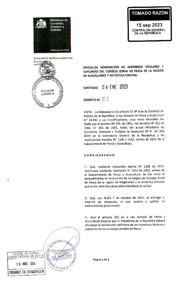 D.S. 01-2023 Oficializa Nominación de Miembro Suplente del Consejo Zonal de Pesca de la Región de Magallanes y La Antártica Chilena. (Publicado en Página Web 18-03-2024) (F.D.O. 22-03-2024)