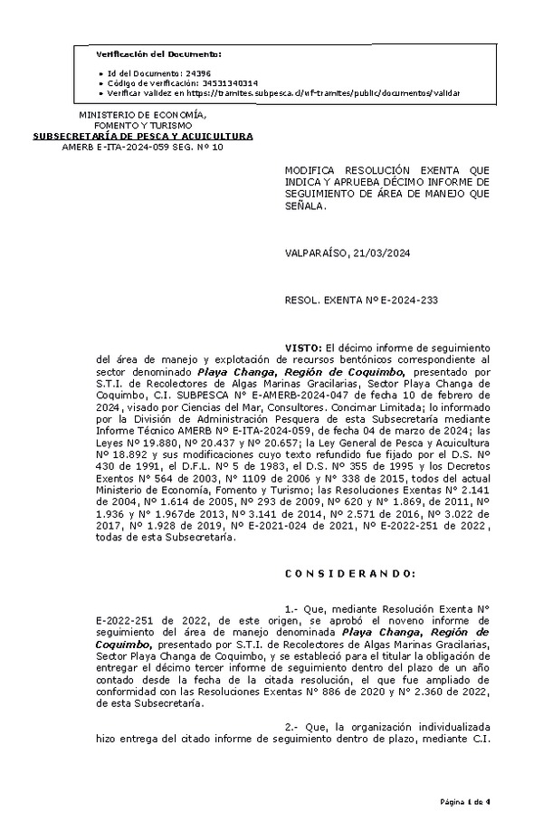 RESOL. EXENTA Nº E-2024-233 Modifica resolución que indica, Aprueba 10° seguimiento. (Publicado en Página Web 26-03-2024)