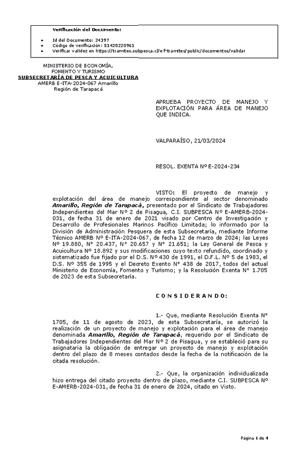 RESOL. EXENTA Nº E-2024-234 Aprueba Proyecto de Manejo. (Publicado en Página Web 26-03-2024)