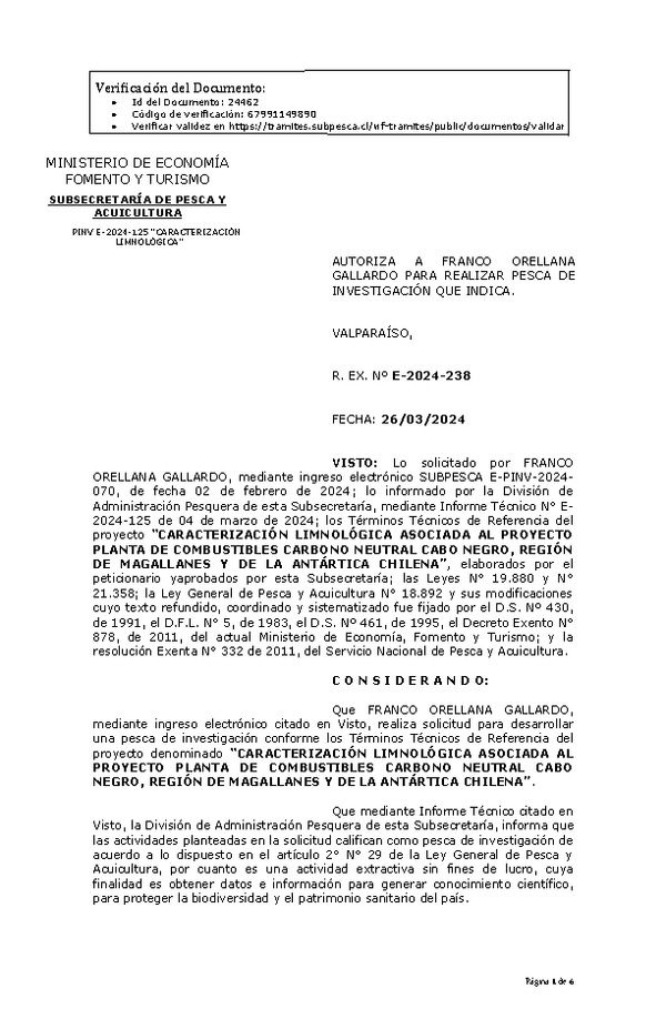 R. EX. Nº E-2024-238 AUTORIZA A FRANCO ORELLANA GALLARDO PARA REALIZAR PESCA DE INVESTIGACIÓN QUE INDICA. (Publicado en Página Web 26-03-2024)