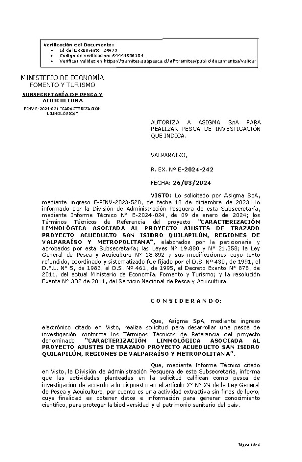 R. EX. Nº E-2024-242 AUTORIZA A ASIGMA SpA PARA REALIZAR PESCA DE INVESTIGACIÓN QUE INDICA. (Publicado en Página Web 27-03-2024)