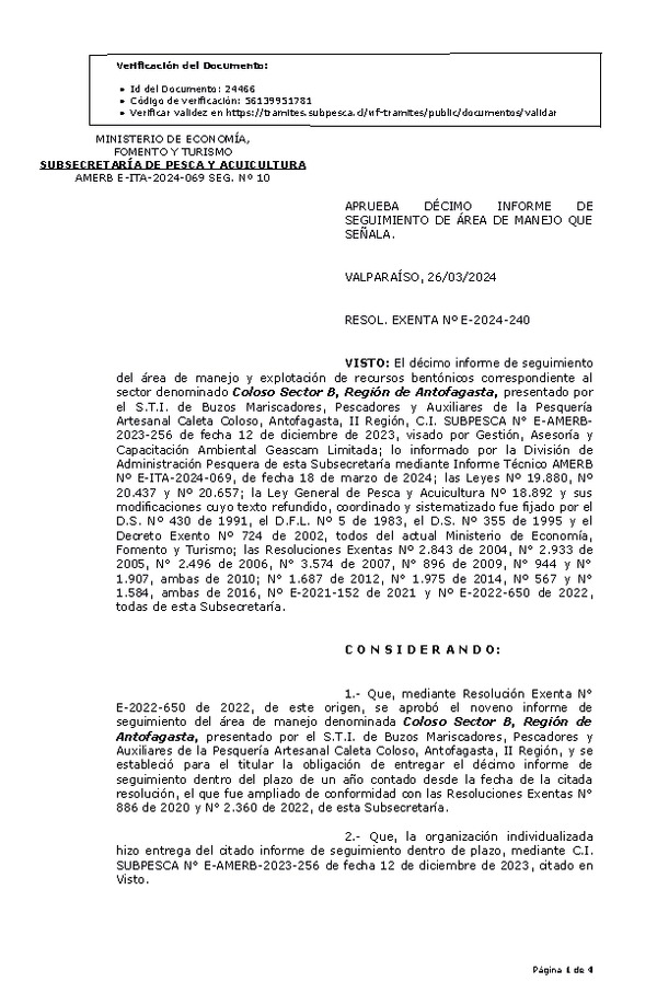 RESOL. EXENTA Nº E-2024-240 Aprueba 10° Seguimiento. (Publicado en Página Web 28-03-2024)