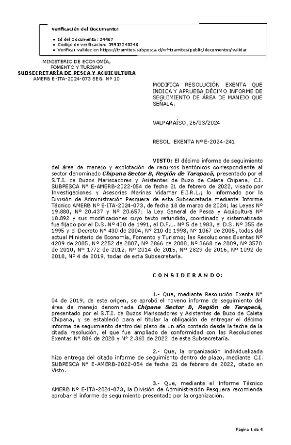 RESOL. EXENTA Nº E-2024-241 Aprueba Modifica resolución que indica, Aprueba 10° Seguimiento. (Publicado en Página Web 28-03-2024)