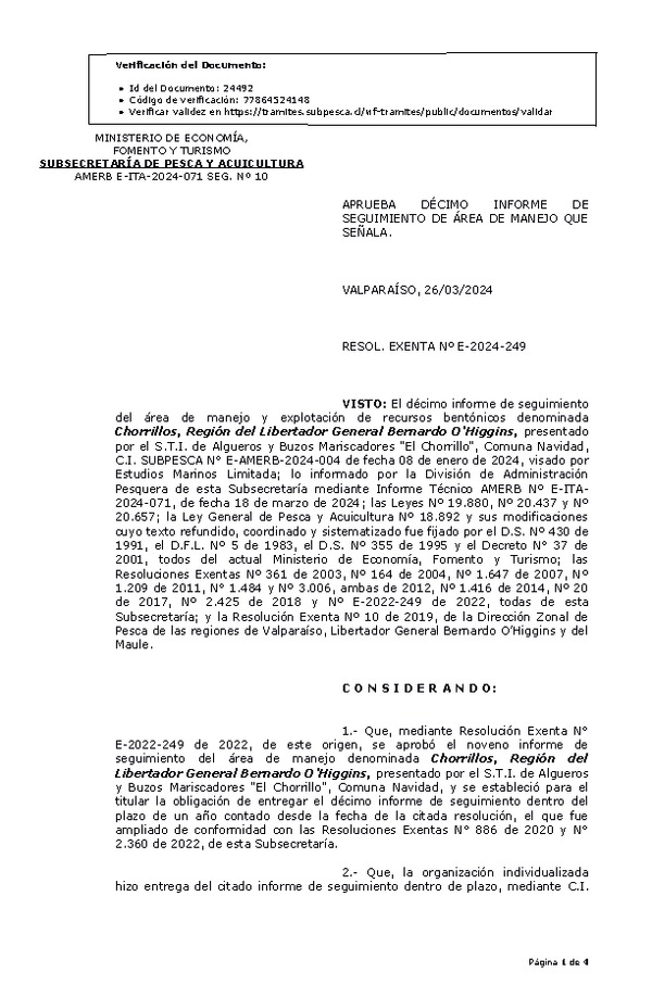 RESOL. EXENTA Nº E-2024-249 Aprueba 10° Seguimiento. (Publicado en Página Web 28-03-2024)