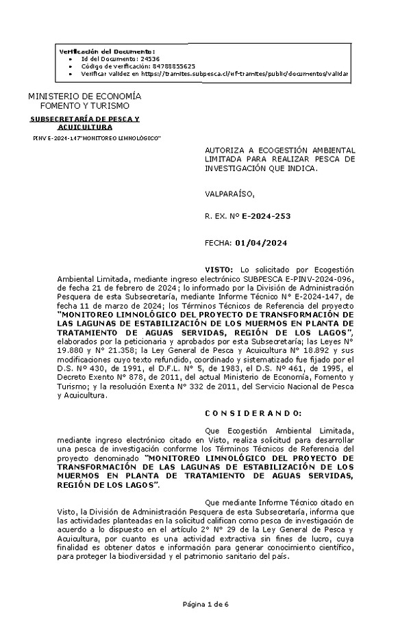 R. EX. Nº E-2024-253 AUTORIZA A ECOGESTIÓN AMBIENTAL LIMITADA PARA REALIZAR PESCA DE INVESTIGACIÓN QUE INDICA. (Publicado en Página Web 02-04-2024)