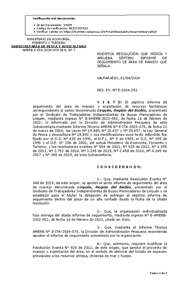 R. EX. Nº E-2024-251 Modifica resolución que indica, aprueba 7 seguimiento. (Publicado en Página Web 02-04-2024)