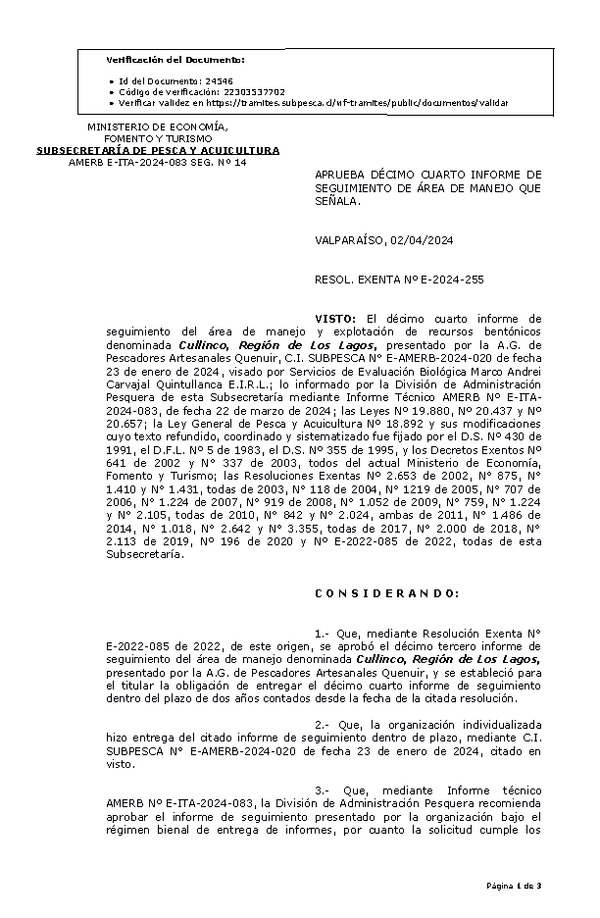 Res. Ex. N° E-2024-255, Aprueba 14° Informe de Seguimiento. (Publicado en Página Web 04-04-2024)