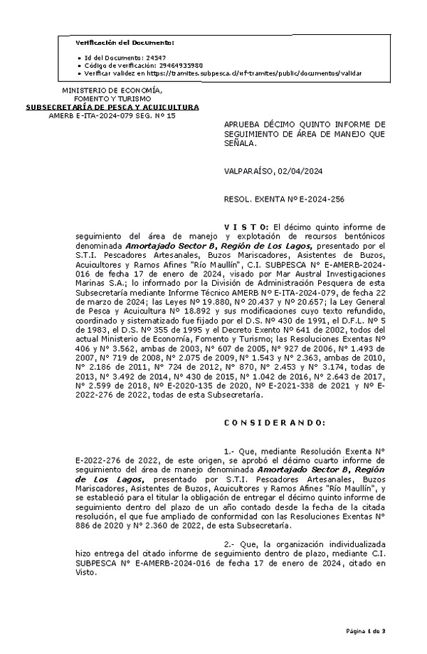 Res. Ex. N° E-2024-256, Aprueba 15° Informe de Seguimiento. (Publicado en Página Web 04-04-2024)