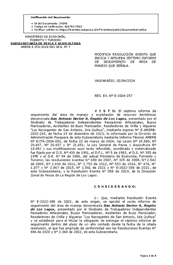 Res. Ex. N° E-2024-257, Modifica resolución que indica, Aprueba 17° Informe de Seguimiento. (Publicado en Página Web 04-04-2024)