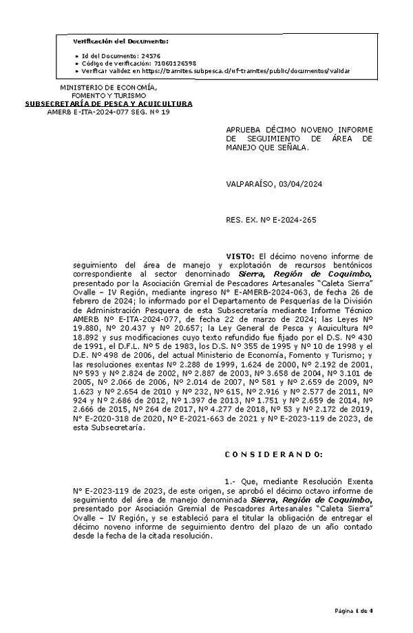 Res. Ex. N° E-2024-265, Aprueba 19° Informe de Seguimiento. (Publicado en Página Web 04-04-2024)