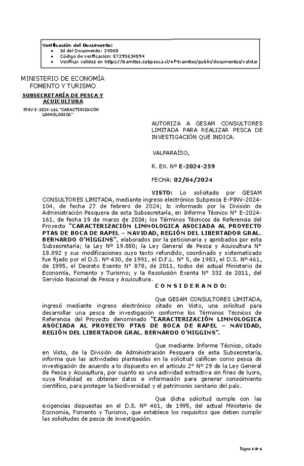 R. EX. Nº E-2024-259 AUTORIZA A GESAM CONSULTORES LIMITADA PARA REALIZAR PESCA DE INVESTIGACIÓN QUE INDICA. (Publicado en Página Web 04-04-2024)