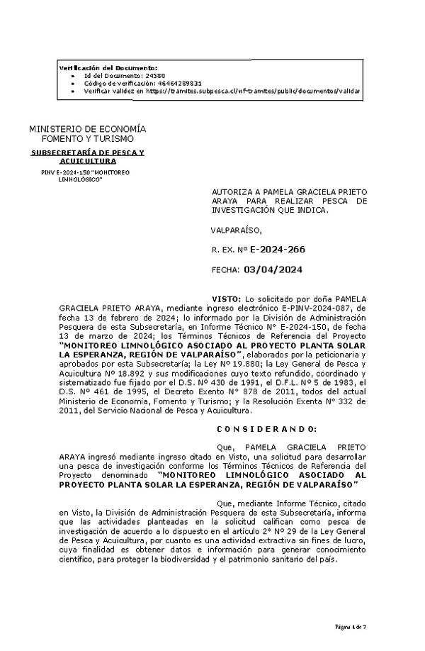 R. EX. Nº E-2024-266 AUTORIZA A PAMELA GRACIELA PRIETO ARAYA PARA REALIZAR PESCA DE INVESTIGACIÓN QUE INDICA. (Publicado en Página Web 04-04-2024)