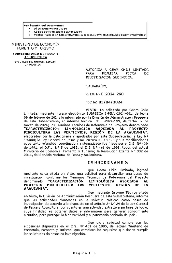 R. EX. Nº E-2024-268 AUTORIZA A GEAM CHILE LIMITADA PARA REALIZAR PESCA DE INVESTIGACIÓN QUE INDICA. (Publicado en Página Web 04-04-2024)