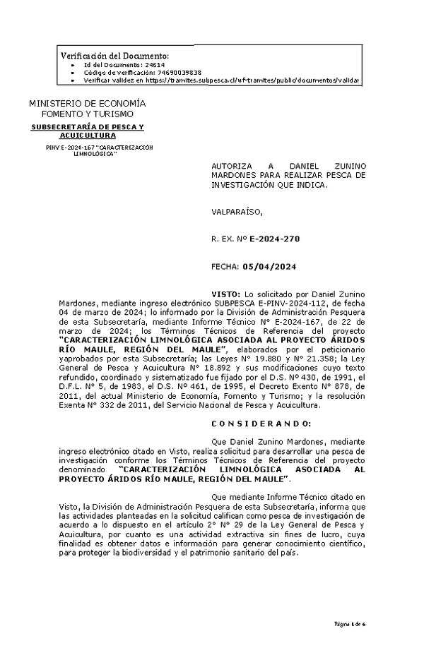 R. EX. Nº E-2024-270 AUTORIZA A DANIEL ZUNINO MARDONES PARA REALIZAR PESCA DE INVESTIGACIÓN QUE INDICA. (Publicado en Página Web 09-04-2024)