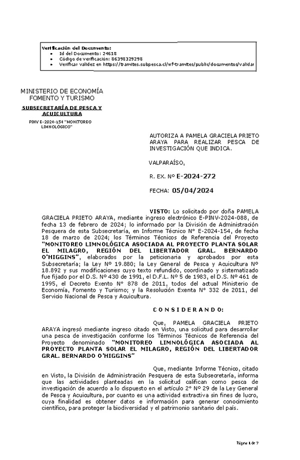 R. EX. Nº E-2024-272 AUTORIZA A PAMELA GRACIELA PRIETO ARAYA PARA REALIZAR PESCA DE INVESTIGACIÓN QUE INDICA. (Publicado en Página Web 09-04-2024)