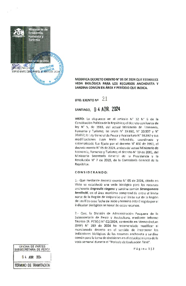 Dec. Ex. N° 21-2024 Modifica Dec. Ex. N°05-2024 Que Establece Veda Biológica para los Recursos Anchoveta y Sardina común, en Área y periodo que Indica. (Publicado en Página Web 11-04-2024)(F.D.O. 17-04-2024).