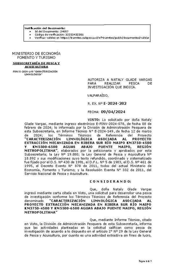 R. EX. Nº E-2024-282 AUTORIZA A NATALY GLADE VARGAS PARA REALIZAR PESCA DE INVESTIGACIÓN QUE INDICA. (Publicado en Página Web 12-04-2024