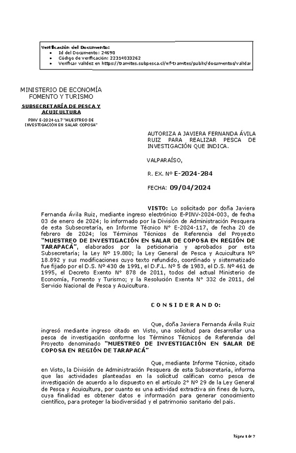 R. EX. Nº E-2024-284 AUTORIZA A JAVIERA FERNANDA ÁVILA RUIZ PARA REALIZAR PESCA DE INVESTIGACIÓN QUE INDICA. (Publicado en Página Web 12-04-2024