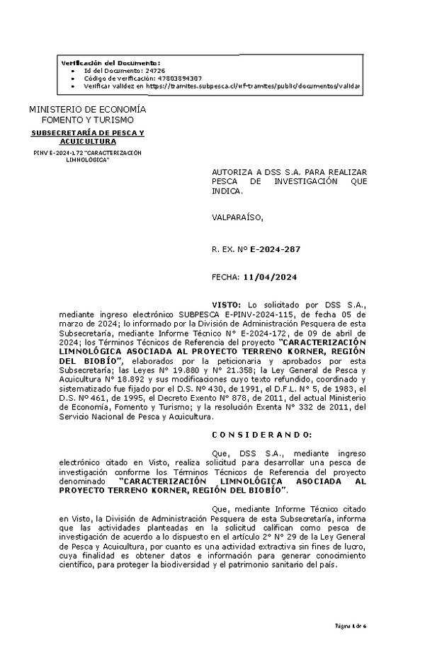 R. EX. Nº E-2024-287 AUTORIZA A DSS S.A. PARA REALIZAR PESCA DE INVESTIGACIÓN QUE INDICA. (Publicado en Página Web 12-04-2024