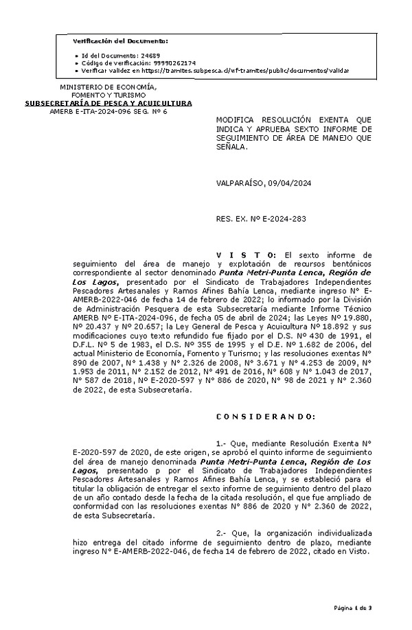 RES. EX. Nº E-2024-283 Modifica resolución que indica, Aprueba 6° Seguimiento. (Publicado en Página Web 12-04-2024)