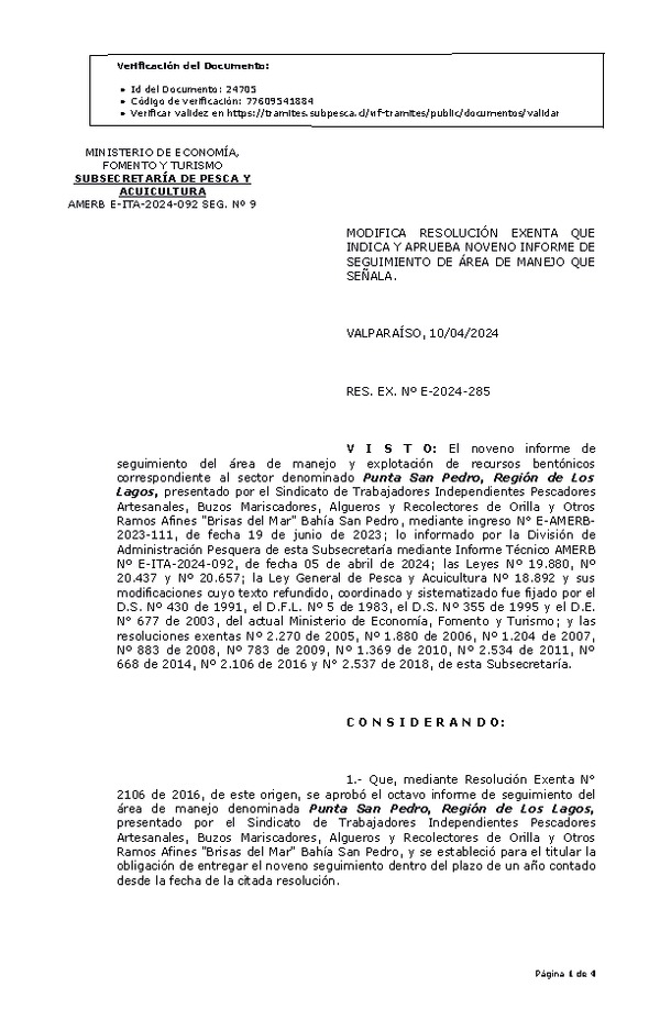 RES. EX. Nº E-2024-285 Modifica resolución que indica, Aprueba 9° Seguimiento. (Publicado en Página Web 12-04-2024)