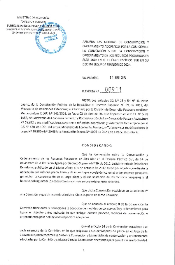 Res. Ex. N° 00911-2024 Aprueba las Medidas de Conservación y Ordenamiento Adoptadas por la Comisión de la Convención Sobre la Conservación y Ordenamiento de los Recursos Pesqueros en Alta Mar en el Océano Pacífico Sur en su Décima Segunda Reunión de 2024. (Publicado en Página Web 16-04-2024)