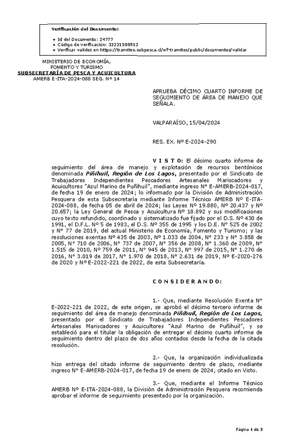 RESOL. EXENTA Nº E-2024-290 Aprueba 14° Seguimiento. (Publicado en Página Web 16-04-2024)