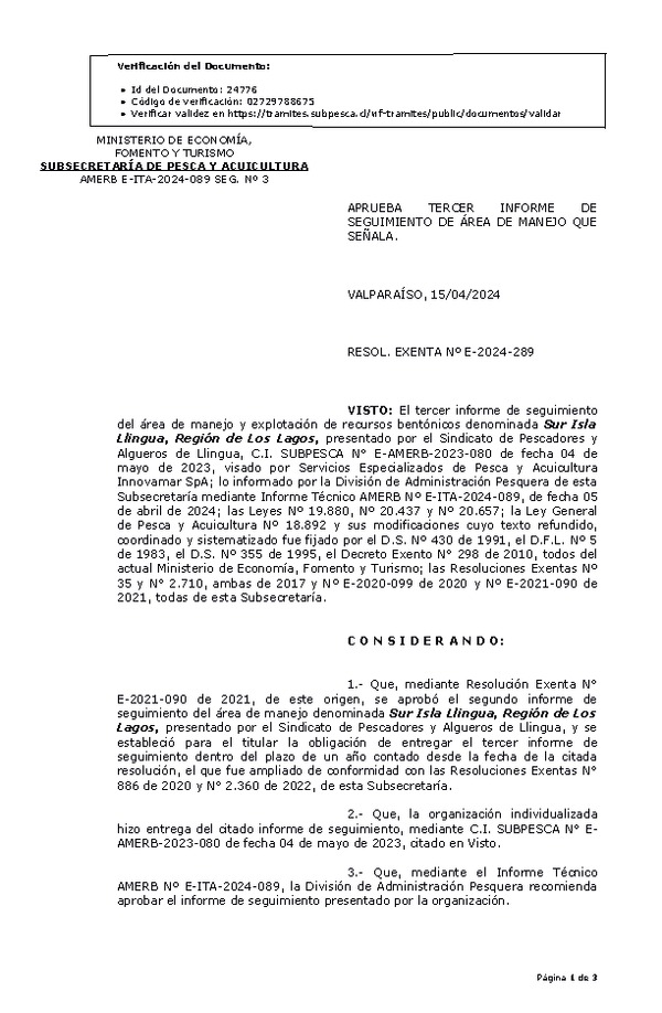 RESOL. EXENTA Nº E-2024-289 Aprueba 3° Seguimiento. (Publicado en Página Web 16-04-2024)