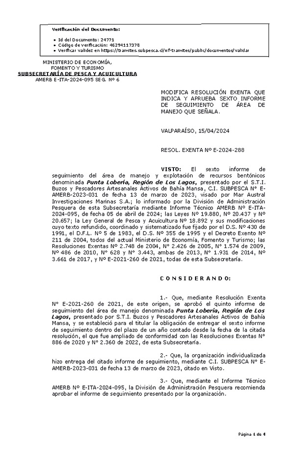 RESOL. EXENTA Nº E-2024-288 Modifica resolución que indica. Aprueba 6° seguimiento. (Publicado en Página Web 16-04-2024).