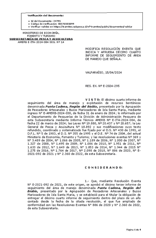 RESOL. EXENTA Nº E-2024-295 Modifica resolución que indica. Aprueba 14° seguimiento. (Publicado en Página Web 16-04-2024).