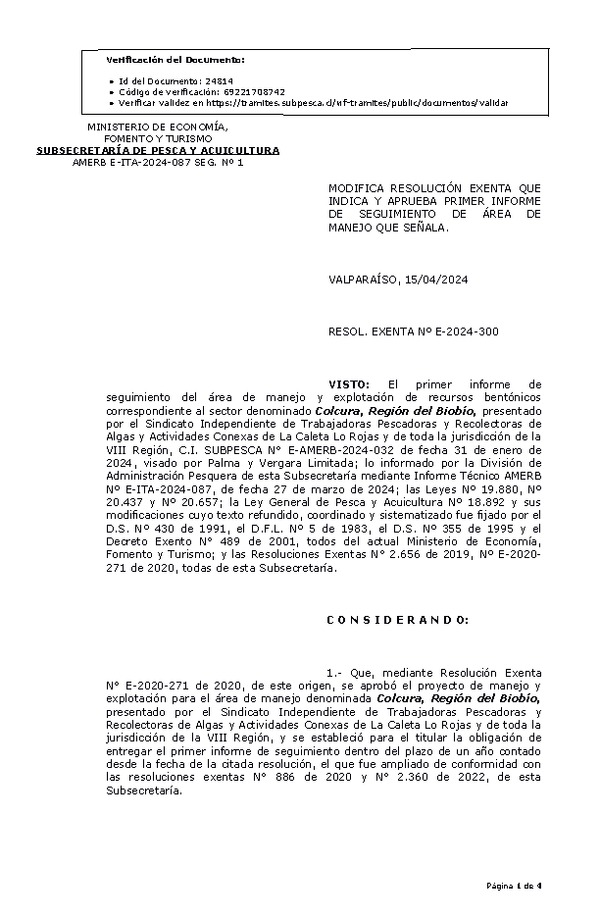 RESOL. EXENTA Nº E-2024-300 Modifica resolución que indica. Aprueba 1° seguimiento. (Publicado en Página Web 16-04-2024).