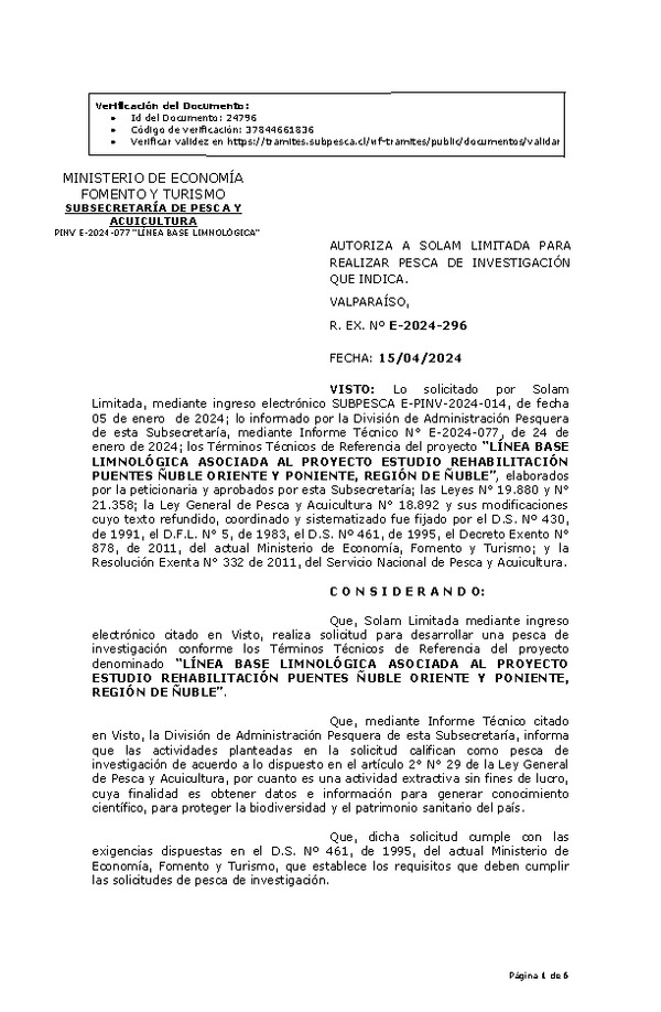 R. EX. Nº E-2024-296 AUTORIZA A SOLAM LIMITADA PARA REALIZAR PESCA DE INVESTIGACIÓN QUE INDICA. (Publicado en Página Web 16-04-2024)