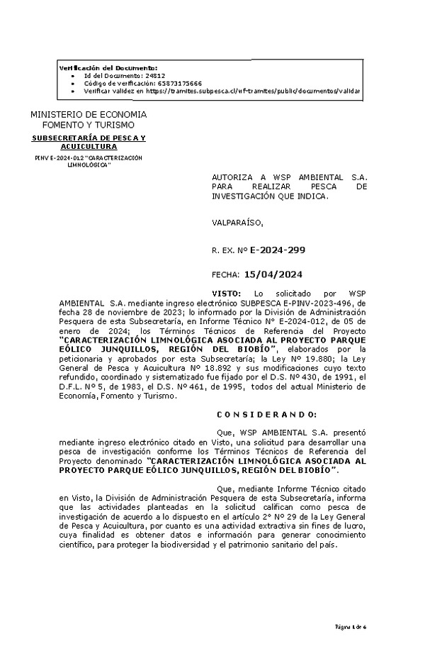 R. EX. Nº E-2024-299 AUTORIZA A WSP AMBIENTAL S.A. PARA REALIZAR PESCA DE INVESTIGACIÓN QUE INDICA. (Publicado en Página Web 16-04-2024)