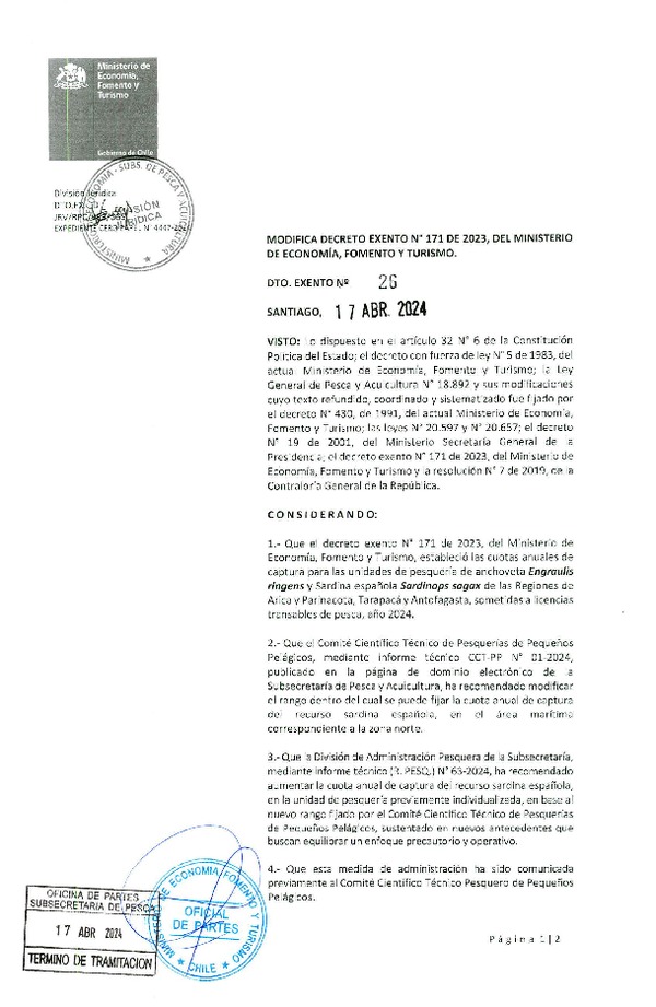  Dec. Ex. Nº 26 de 2024 Modifica Dec. Ex. N° 171 de 2023. Establece Cuota Anual de Captura para Unidades de Pesquería de Anchoveta y Sardina Española Regiones Arica y Parinacota, Tarpacá y Antofagasta. Sometidas a Licencias Transables de Pesca, Año 2024. (Publicado en Página Web 17-04-2024).