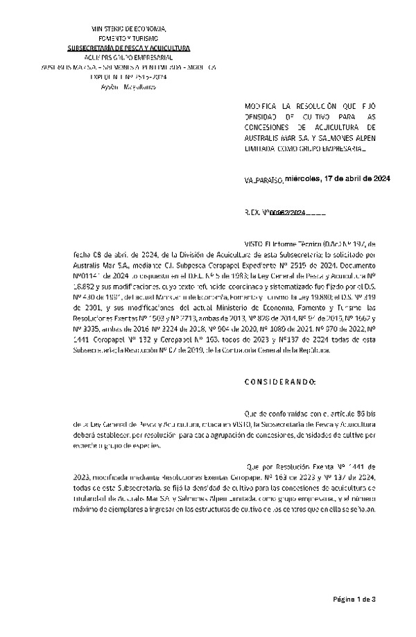 Res. Ex. N° 00962-2024 Modifica Res. Ex. N° 1441-2023 Fija densidad de cultivo para las concesiones de titularidad de Australis Mar S.A. y Salmones Alpen Limitada, como Grupo Empresarial. (Publicado en Página Web 17-04-2024)