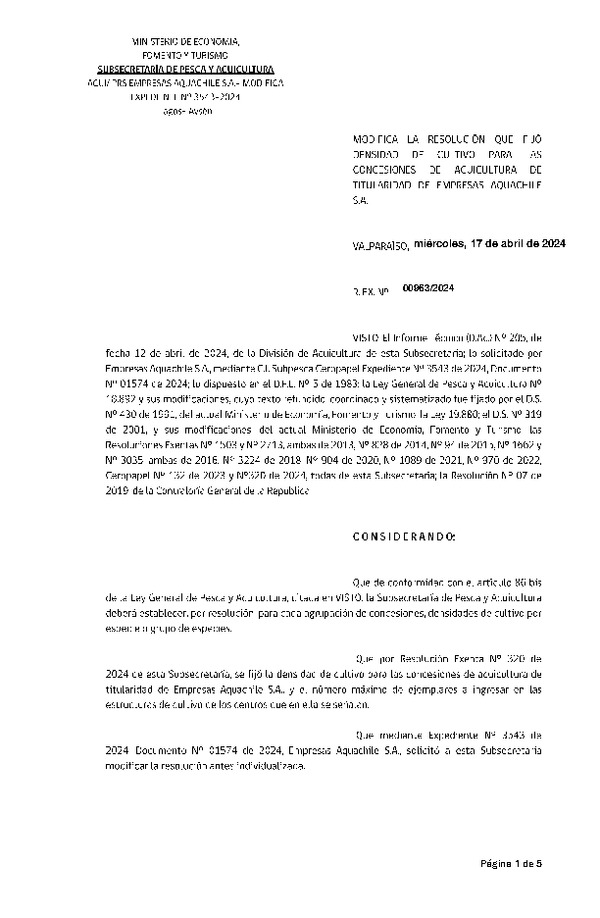 Res. Ex. N° 00963-2024 Modifica Res. Ex. Nº 320-2024 Fija densidad de cultivo para las concesiones de acuicultura de titularidad de Empresas Aquachile S.A. (Con Informe Técnico) (Publicado en Página Web 17-04-2024)