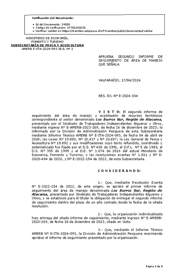 RES. EX. Nº E-2024-304 Aprueba 2° informe de seguimiento. (Publicado en Página Web 18-04-2024)